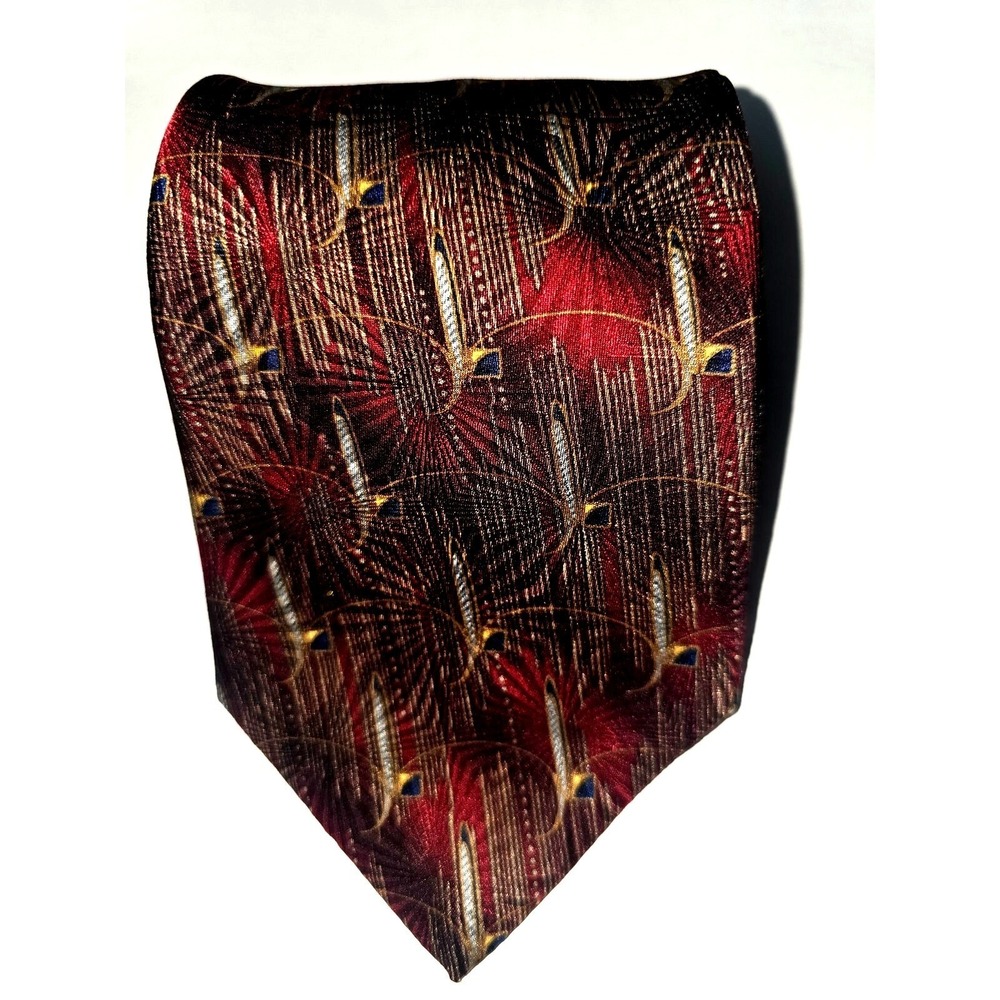 Vintage Bill Blass Black Label Mens Silk Tie Red Gold Abstract Feather Geometric